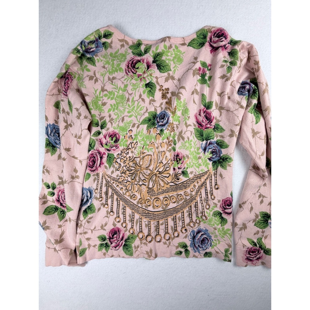Charlotte Tarantola Floral Beaded Cardigan Pink Rose Knit Sweater XL EUC Retro - Picture 10 of 10
